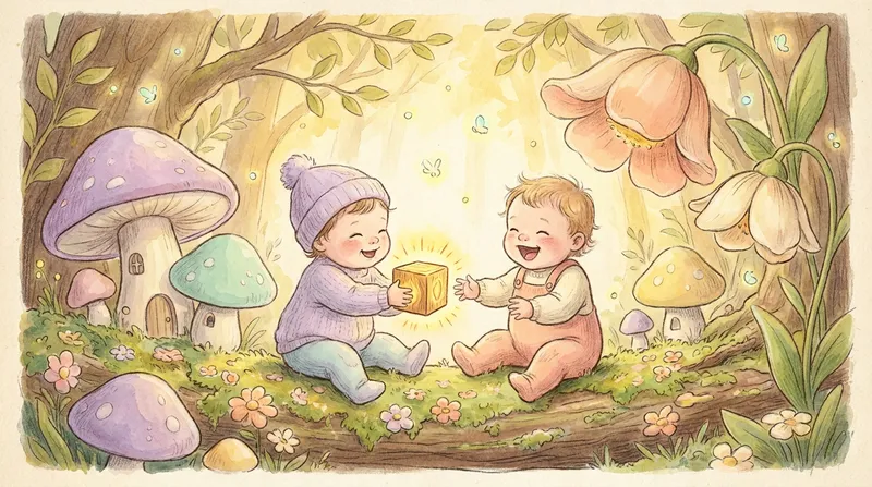 A whimsical watercolor illustration of two toddlers learning about toddler sharing by playing with a glowing toy block in a magical, pastel-colored enchanted forest.