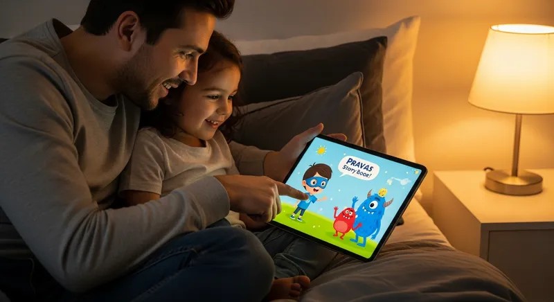 A parent and child bond over a personalized digital storybook on a tablet, featuring a brave child character and a silly monster, in a cozy, warmly lit bedroom.