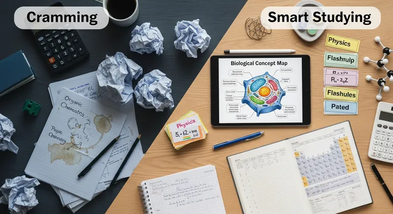 A top-down flat lay of a student's desk comparing chaotic cramming with organized study methods for biology, chemistry, and physics, featuring a tablet with a cell concept map, color-coded flashcards, and a structured study planner.