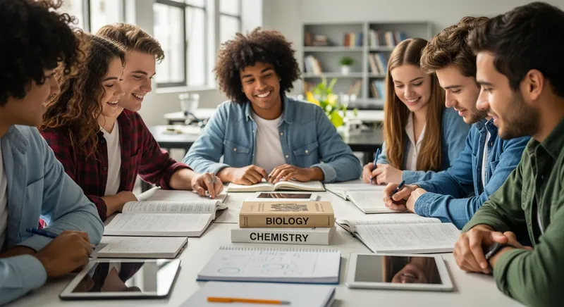 Diverse high school students collaborating around Biology, Chemistry, and Physics textbooks in a bright, modern classroom.