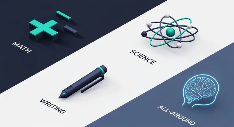 A minimalist 2x2 grid of 3D isometric icons representing Math, Science, Writing, and AI-driven general learning, designed in a modern navy and teal color palette.