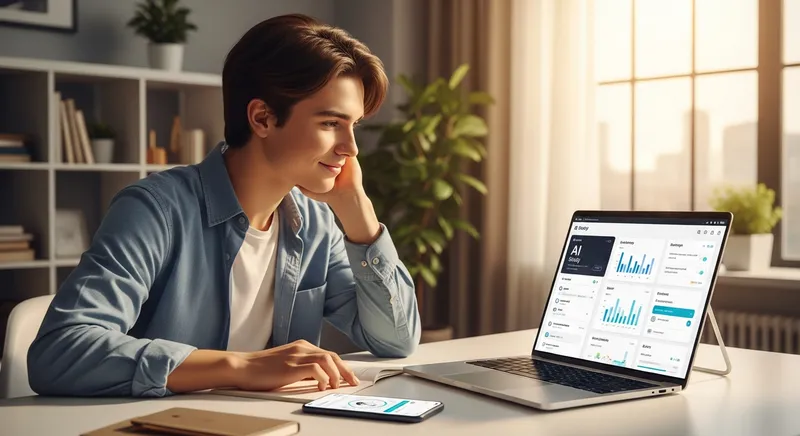 A high school student smiling at a laptop displaying an AI study dashboard with data visualizations and a chat interface at a sunlit, modern desk.