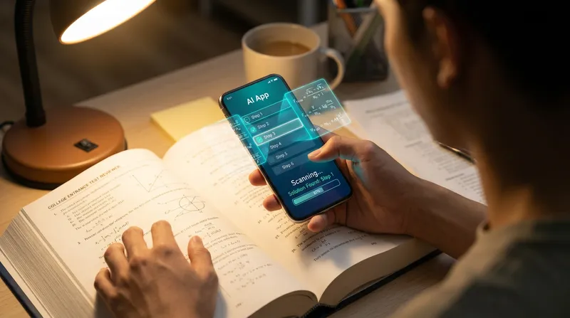 A student uses a smartphone AI study app to scan and solve a complex math equation from a College Entrance Test (CET) reviewer book.