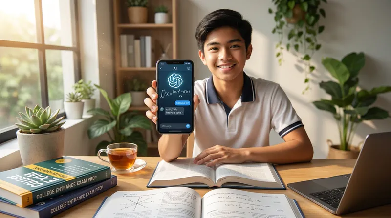 A Filipino high school student using an AI learning app on a smartphone to study math and science for UPCAT and college entrance exam preparation.