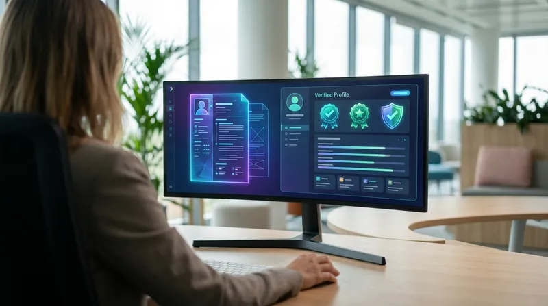Recruiter reviewing a candidate's digital resume aligned with verified profile credentials on a modern split-screen monitor.