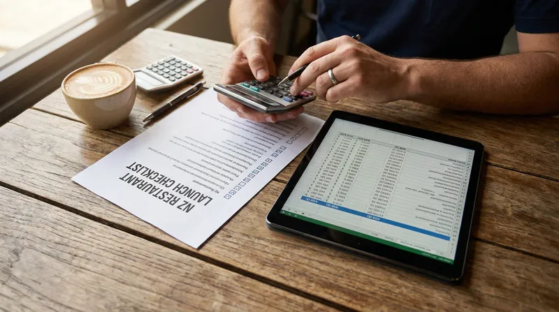 A restaurant owner's hands working at a wooden table with a printed NZ Restaurant Launch Checklist, a digital tablet displaying an NZD budget spreadsheet, a calculator, and a flat white coffee.