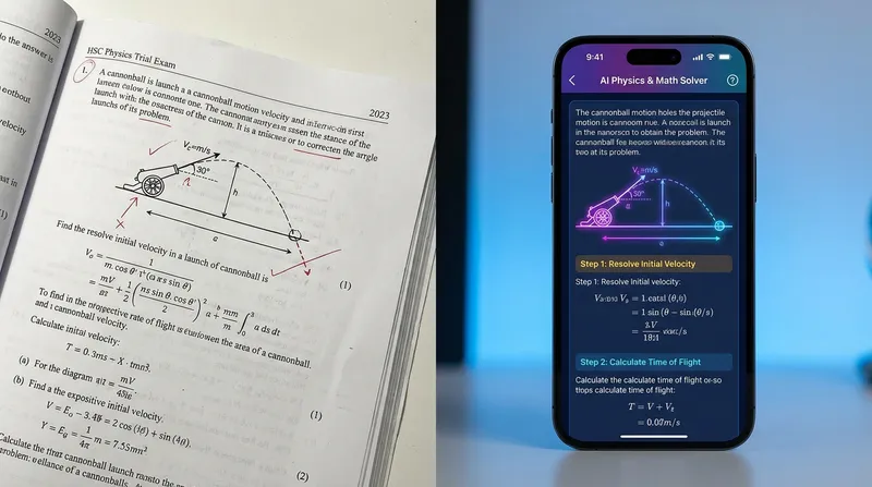 A split-screen illustration comparing a traditional printed HSC/VCE physics trial exam paper with a smartphone displaying a colorful, step-by-step AI math and physics solver app solving the same problem.