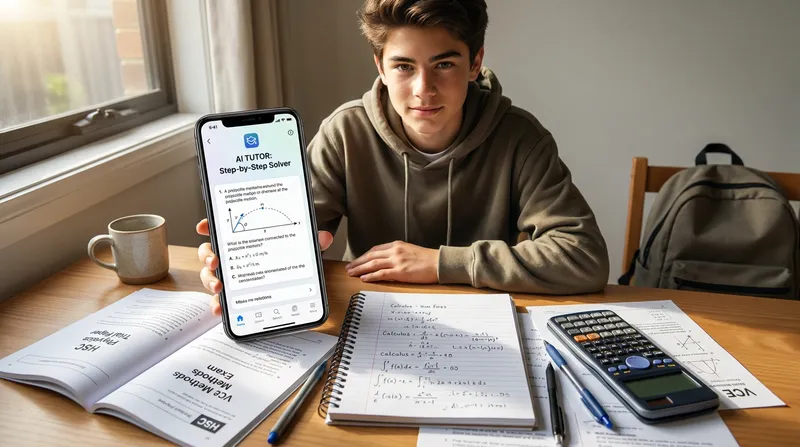A high school student studying at a sunlit desk, using an AI tutor app on a smartphone to solve step-by-step math and physics equations next to HSC and VCE trial exam papers.