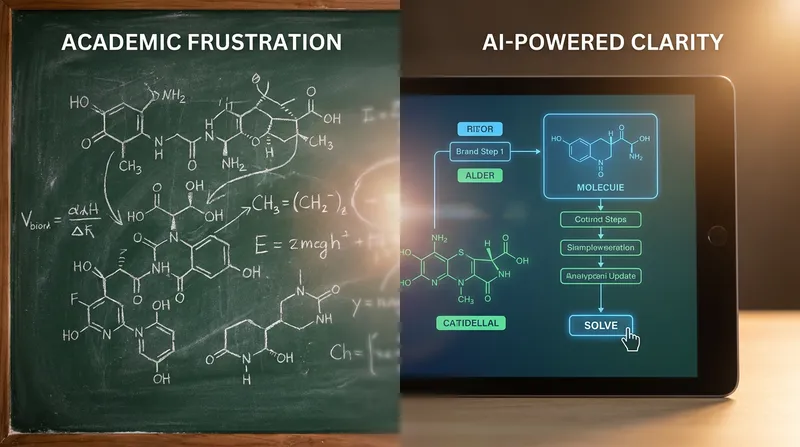 A split-screen comparing a chaotic, hand-drawn biochemical pathway on a chalkboard with a clean, step-by-step digital solution on a tablet using a biochemistry AI solver.