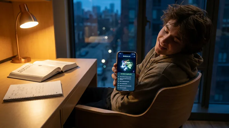 A relieved student studying late at night, using a smartphone with a biochemistry AI solver app that displays step-by-step pathway solutions next to an open textbook.