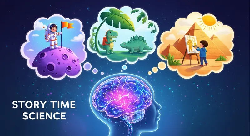 A whimsical digital illustration of a child's profile with a glowing, bioluminescent brain. Three ethereal thought bubbles float above, depicting an astronaut on a purple moon, friendly dinosaurs, and a child painting Egyptian pyramids, representing the magic of story-based science learning.