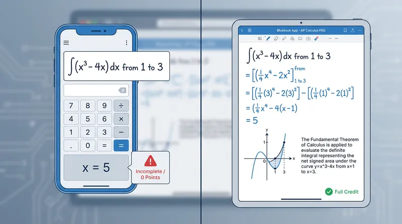 A split-screen graphic comparing a smartphone math solver showing only a final answer marked "Incomplete / 0 Points" with a tablet displaying a detailed Bluebook AP Calculus FRQ response with step-by-step work, a graph, and a written explanation marked "Full Credit."