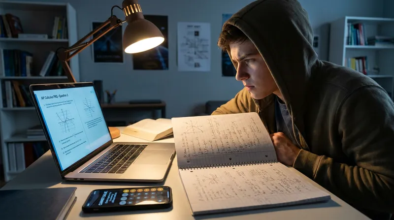 A student studies at a desk with a laptop displaying an AP Calculus FRQ on the Bluebook app, next to a notebook of handwritten equations and a smartphone showing a "Cannot Solve" error on a basic math solver app.