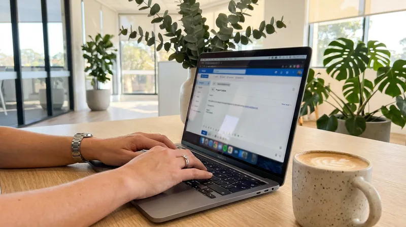 Professional in a modern Australian office writing a follow-up email to a recruiter after a job rejection.