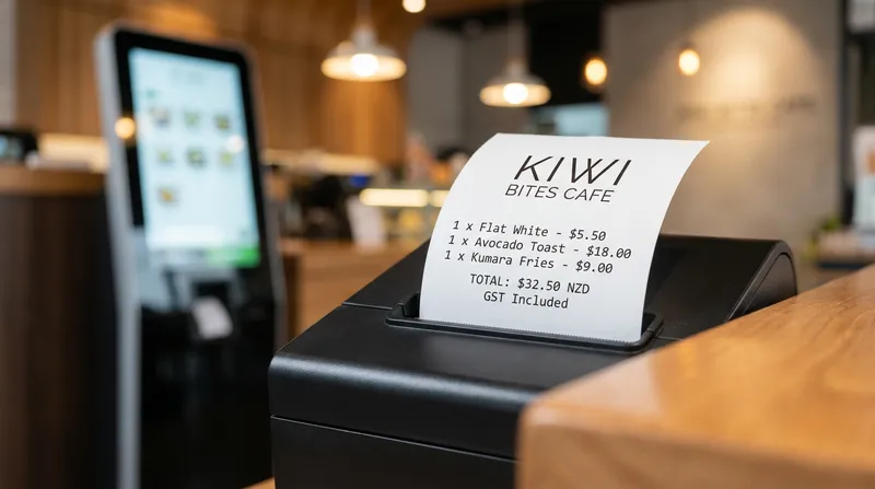 NZ restaurant receipt showing self-ordering kiosk transaction in New Zealand cafe with a modern touchscreen kiosk in the background.
