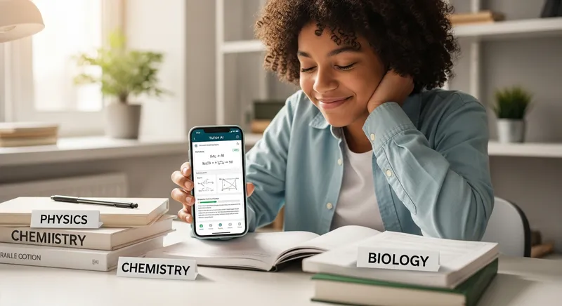 A parent smiling and helping their child use a homework app on a tablet.