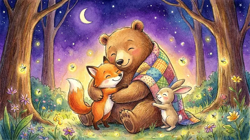Whimsical watercolor illustration of a friendly bear, baby fox, and tiny rabbit sharing a cozy hug under a starry night sky, perfect for a heartwarming bedtime story about family love.