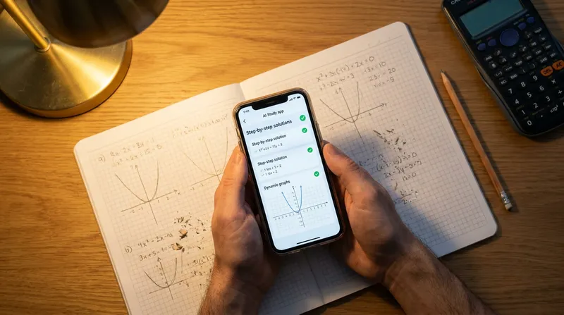 Parent holding a smartphone with an AI math app over an algebra homework notebook to check step-by-step solutions.