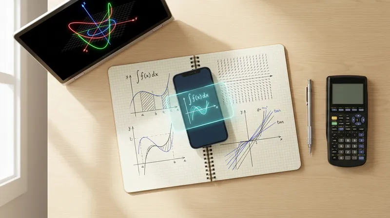 Minimalist desk setup with handwritten AP Calculus notes scanned by an AI smartphone overlay, alongside a laptop and graphing calculator.