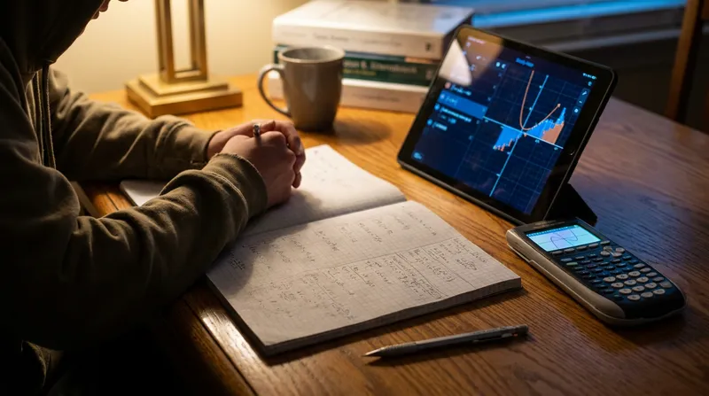 AP Calculus study desk setup featuring handwritten math notes in a notebook, an advanced graphing calculator, and a tablet displaying an AI graphing assistant.