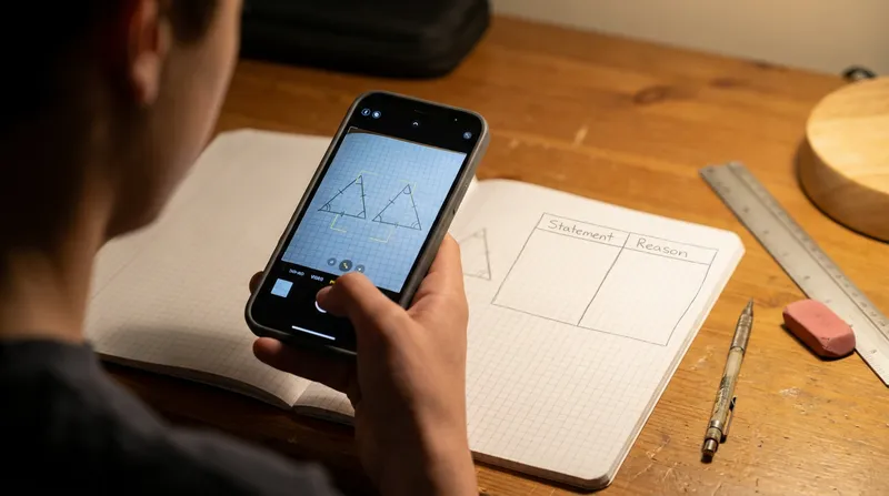 A student using a smartphone camera to scan a hand-drawn triangle congruence problem and two-column proof in a notebook.