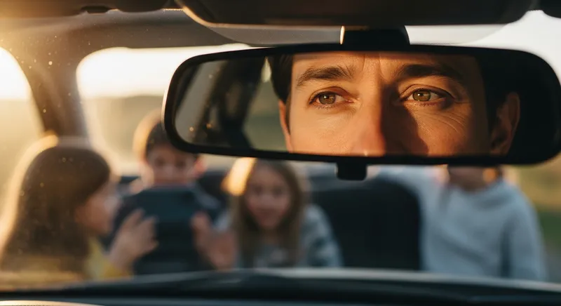 Close-up of a parent's affectionate eyes reflected in a car's rearview mirror during a family road trip, with children playing storytelling games in the blurred background under warm golden hour sunlight.