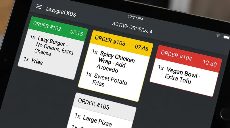 Close-up screenshot of the Lazygrid KDS interface,...
