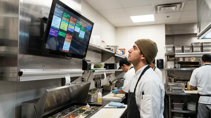 A chef looks at a brightly lit Kitchen Display Sys...