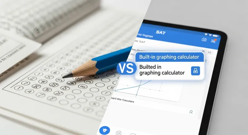A split-screen infographic illustrating the evolution of the SAT. On the left, a traditional paper SAT setup with a No. 2 pencil resting on a bubble answer sheet in muted, historical tones. On the right, a sleek tablet displays the modern digital SAT interface with a math problem and a prominently highlighted built-in graphing calculator, showcasing the integrated, user-friendly experience.