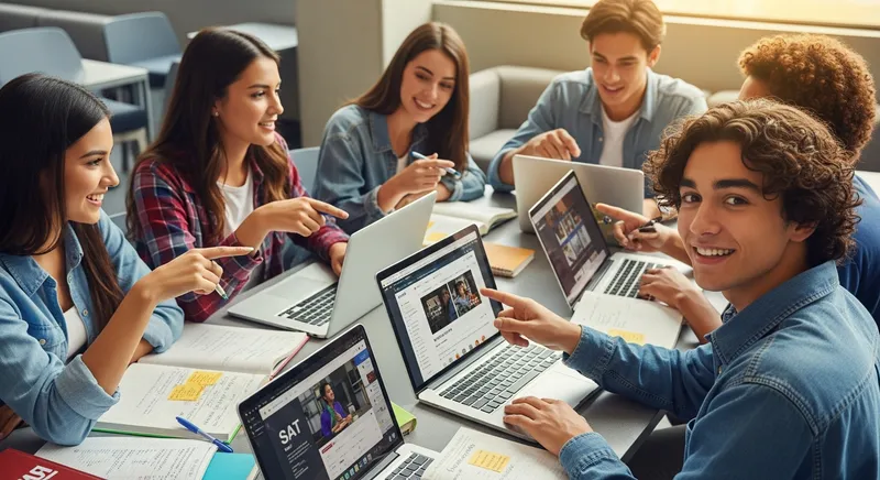 A vibrant, photorealistic image of a diverse group of optimistic high school students, aged 16-18, energetically collaborating around a modern study table. They are deeply engaged with laptops displaying digital SAT prep platforms and notebooks filled with handwritten SAT practice problems, sharing insights in a bright, naturally lit study lounge. One student makes confident eye contact with the viewer, embodying readiness for future success.