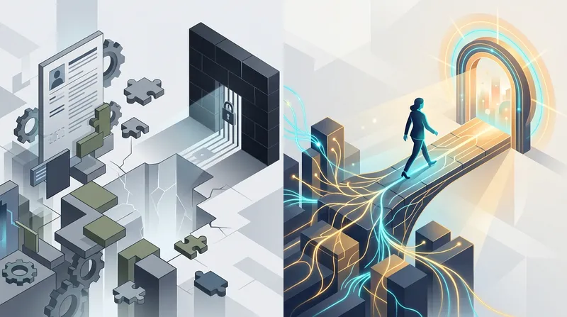 Split-screen isometric illustration contrasting a fragmented resume leading to a dead-end wall with an AI-connected bridge guiding a professional toward an open portal of opportunity.