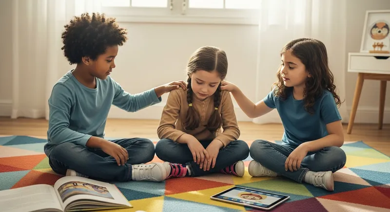Three diverse children sit on a colorful rug in a sunlit playroom, practicing empathy and social skills with a tablet and picture book nearby, illustrating AI-driven storytelling for kids.