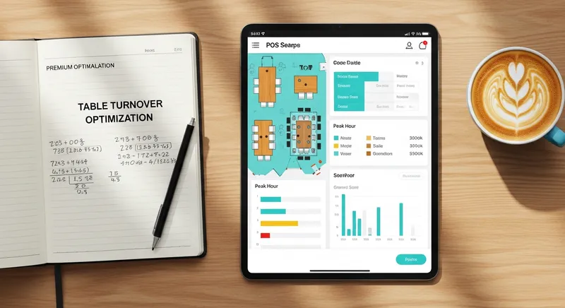 Restaurant manager's desk with a tablet showing a Lazygrid POS dashboard floor plan, used for table turnover optimization in an NZ cafe.