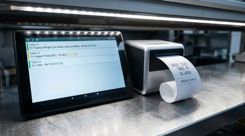 A hyper-realistic, close-up, top-down view of a modern kitchen display system (KDS) and a compact thermal printer in a professional kitchen. The KDS screen displays multiple incoming orders with specific details like 