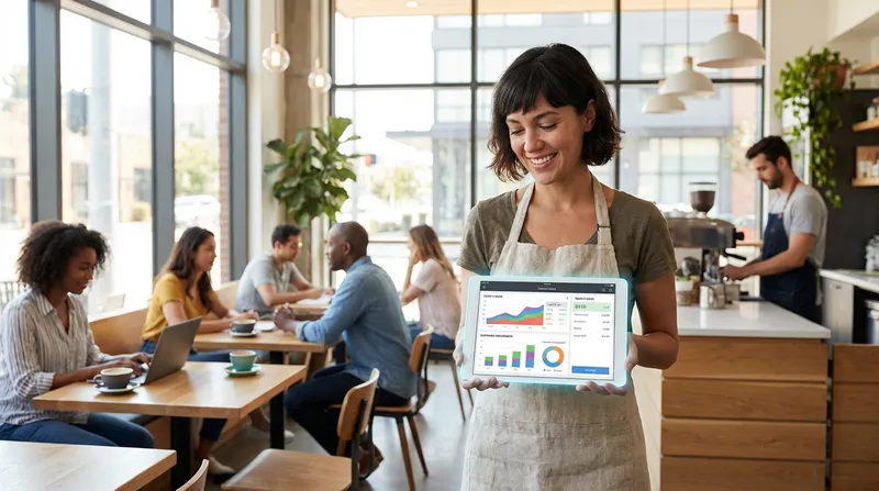 Smiling cafe owner reviews real-time sales analytics and KPIs on a sleek iPad POS system dashboard in a bright, modern cafe, with blurred happy customers in the background.