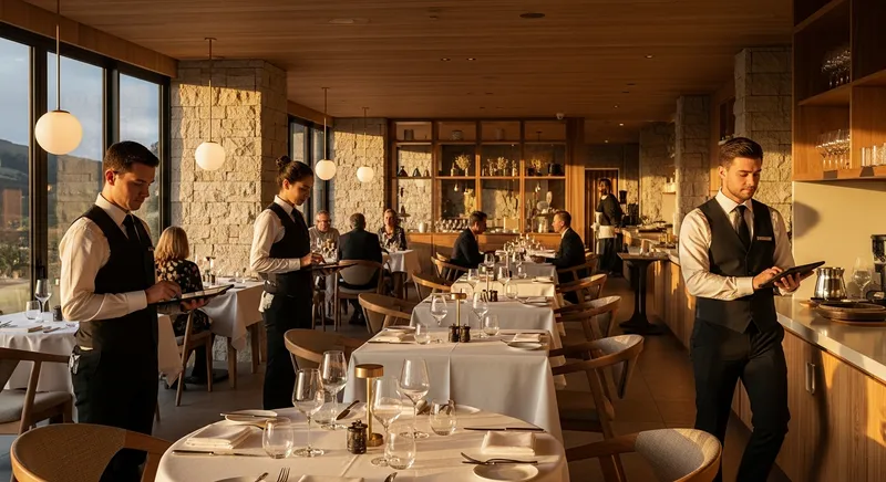 A sophisticated New Zealand fine-dining restaurant interior featuring professional waitstaff using sleek handheld tablets to manage service for elegant guests in a modern, luxury setting.