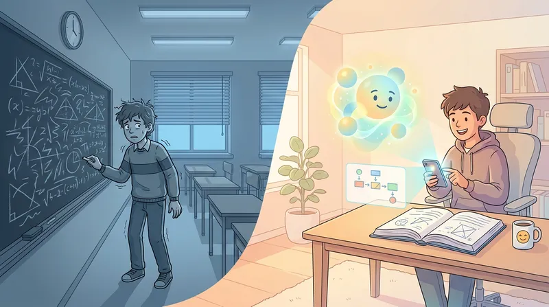 Split-screen illustration contrasting math anxiety with AI-supported learning. On the left, an anxious student faces a complex blackboard in a dim, cool-toned classroom. On the right, the same student smiles with relief at home, scanning a math problem with a friendly, glowing AI tutor avatar.