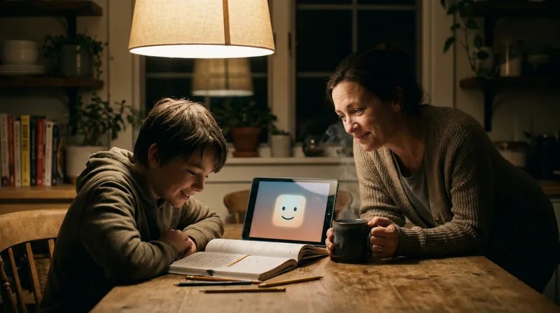 A middle school student and their parent look relieved while using a friendly AI math tutor on a tablet in a cozy, warm-lit kitchen at night.