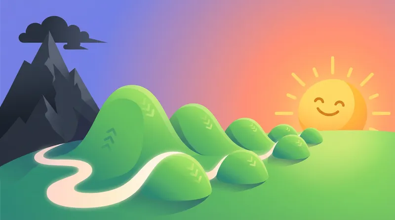 A vibrant vector illustration depicting the concept of 'chunking' an overwhelming task. On the left, a dark, jagged mountain represents a daunting challenge. A clear path winds from its base over a series of bright green, gentle rolling hills, symbolizing manageable, broken-down steps. The path leads to a large, radiant, smiling sun on the far right, representing successful completion and relief. The modern art style uses an optimistic color palette to convey hope and transformation.
