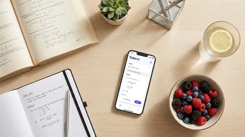 Aesthetically pleasing flat lay of a meticulously organized student's desk under soft natural light, featuring an open textbook, neat handwritten notes, a smartphone displaying the TutorAI app, a bowl of fresh berries, a glass of water, and a small potted succulent, conveying a calm and productive study environment.