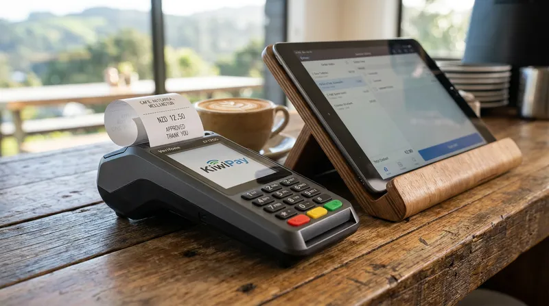 A modern New Zealand EFTPOS terminal and Lazygrid iPad POS system on a rustic wooden counter.