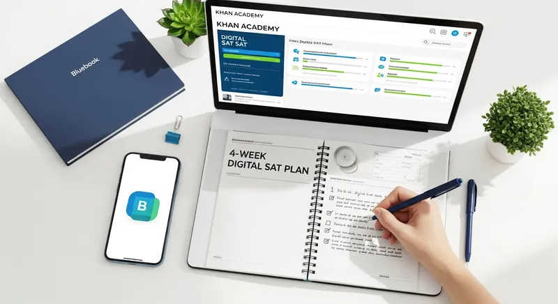 A minimalist study workspace featuring a laptop displaying the Khan Academy Digital SAT dashboard, a smartphone with the Bluebook app icon, and an open notebook titled "4-Week Digital SAT Plan" on a clean white desk.