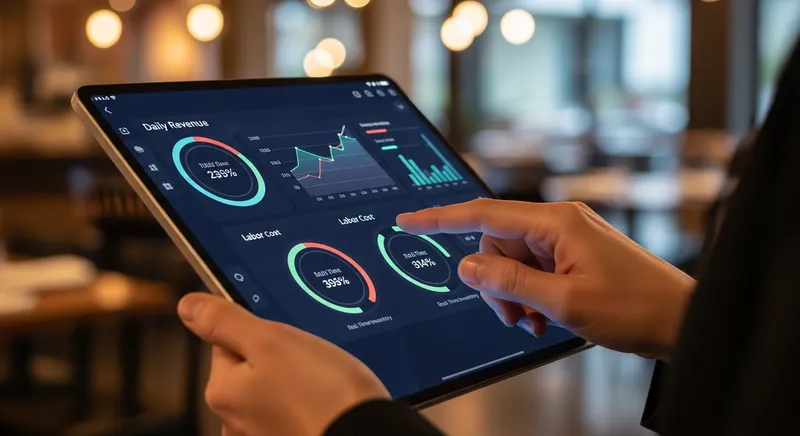 Restaurant manager reviewing analytics on a tablet dashboard in a busy bistro setting.