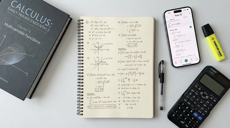 A flat lay of a study desk with a notebook showing algebra equations, a textbook, and a phone with a math solver app.