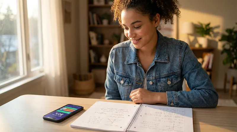 A high school student studies math in warm light, using a notebook and a math app on their phone.