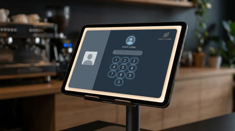 Modern, sleek POS staff login screen with an illuminated numeric keypad and avatar placeholder, representing an efficient system for managing staff performance and payroll.