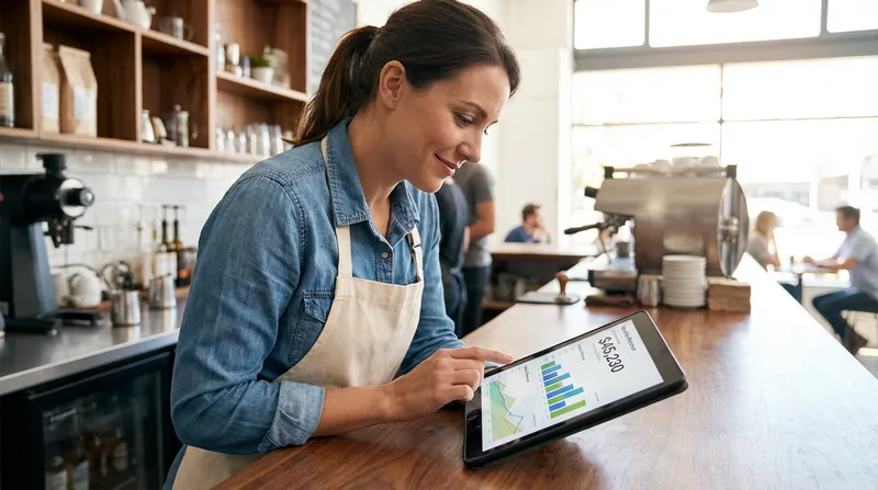 A professional cafe owner analyzes sales performance data on a modern iPad POS system displaying colorful charts, in a warm, well-organized cafe.