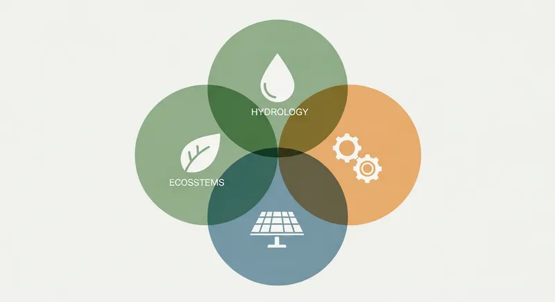 A minimalist graphic illustration featuring a Venn diagram of overlapping sage green, ocean blue, and soft amber circles. Each circle contains a white icon - a leaf, water droplet, solar panel, and gear - symbolizing the interconnectedness of ecosystems, hydrology, sustainability, and environmental systems.