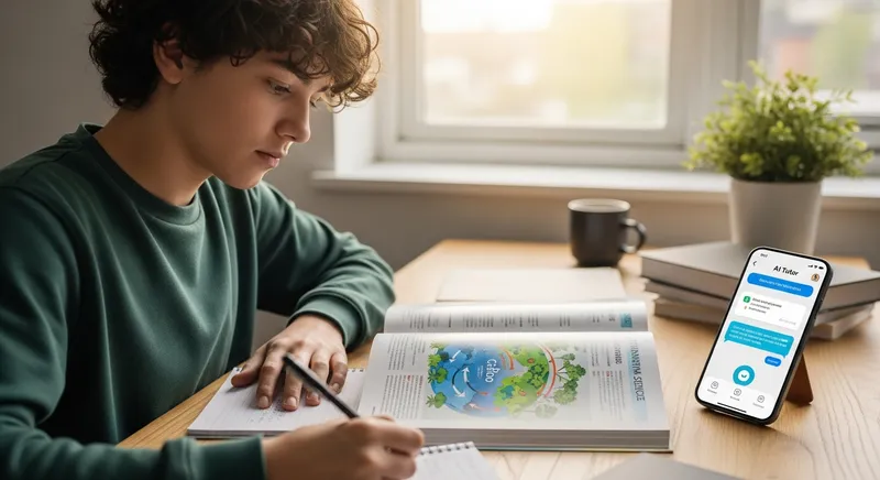 A focused high school student studying environmental science at a sunlit wooden desk, using an open textbook with carbon cycle diagrams and an AI tutor interface on a smartphone.
