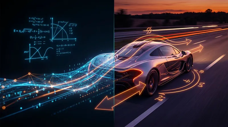 Split-screen of physics vectors and math equations connected by data streams, showing translation to algebra.